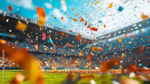 Vibrant stadium atmosphere filled with colorful confetti celebrating a thrilling sports event under a bright blue sky.