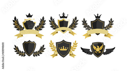 Laurel wreath , shield , wing , ribbon , and banners vector set . Laurel wreath s, shield s, wing s, ribbon s illustration for awards , heraldry , logos , badges , and branding designs