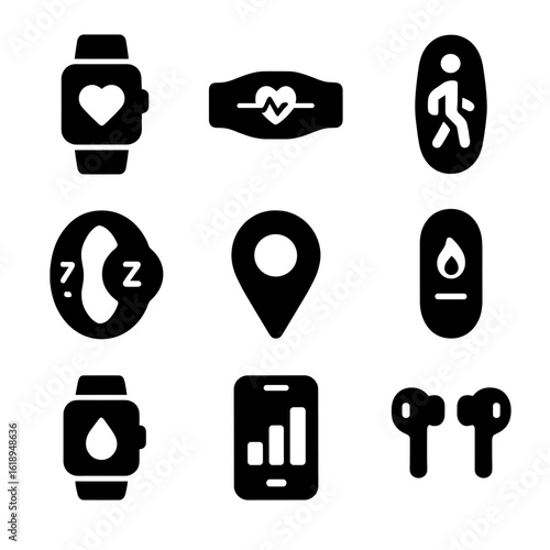 Wearable Tech Icons. Solid, filled icon set of wearable health tech and fitness trackers: smart watch, heart rate monitor, step