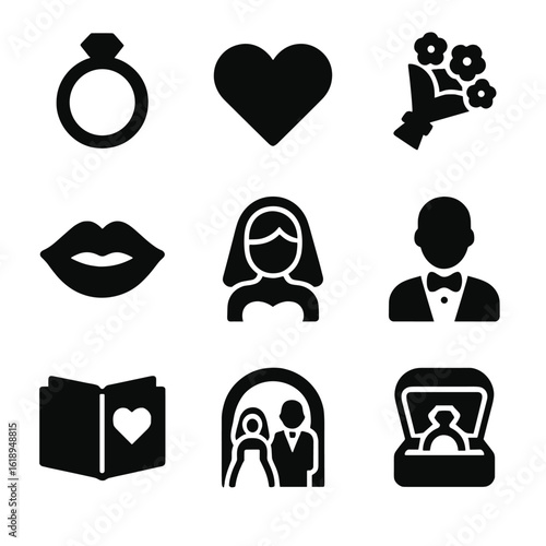 Wedding Icons Grid. Solid, filled icon set of wedding symbols: wedding ring, heart, bouquet, kiss, bride, groom, vows, ceremony,