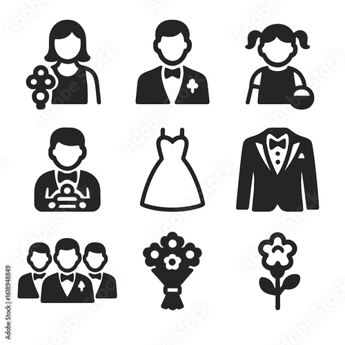 Wedding Icons Grid. Solid, filled icon set of Wedding Party: bridesmaid, best man, flower girl, ring bearer, groomsmen, wedding