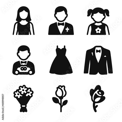 Wedding Icons Grid. Solid, filled icon set of Wedding Party: bridesmaid, best man, flower girl, ring bearer, groomsmen, wedding