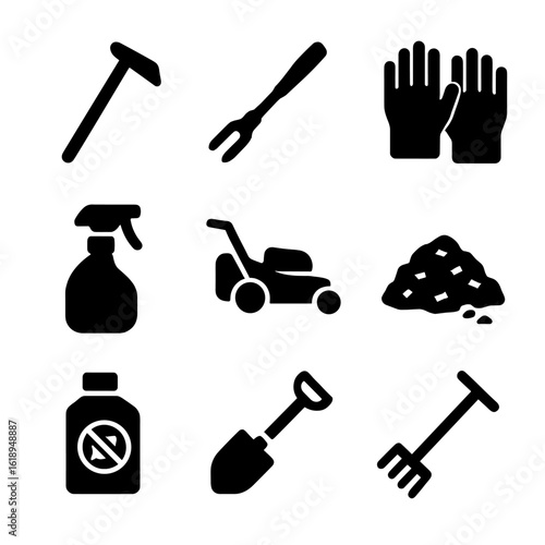 Weed Control Tools Icons. Solid, filled icon set of weed control tools: garden hoe, weed puller, gloves, spray bottle, lawn mower,