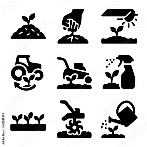 Weed Prevention Icons. Solid, filled icon set of weed prevention methods: mulching, hand pulling, solarizing, crop rotation,