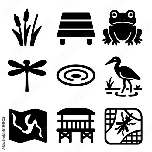 Wetland Icons Set. Solid, filled icons set of wetland boardwalks and marshes: reeds, wooden planks, frog icon,