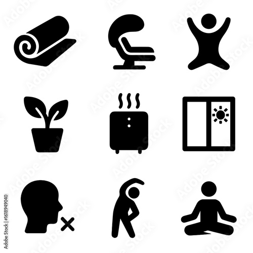 Wellness Office Icons. Solid, filled icons set of wellness features in shared offices: yoga mat, nap pod,