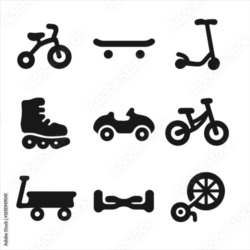 Wheeled Outdoor Toy Icons. Solid, filled icon set of wheeled outdoor toys: tricycle, skateboard, scooter, roller skates, pedal car