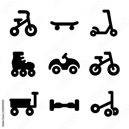 Wheeled Outdoor Toy Icons. Solid, filled icon set of wheeled outdoor toys: tricycle, skateboard, scooter, roller skates, pedal car