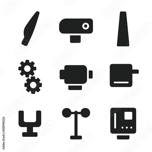 Wind Turbine Components. Solid, filled icon set of wind turbine components: rotor blade, nacelle, tower, gearbox, generator,