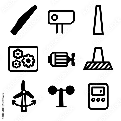Wind Turbine Components. Solid, filled icon set of wind turbine components: rotor blade, nacelle, tower, gearbox, generator,