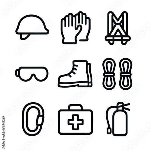 Windmill Safety Gear Icons. Solid, filled icon set of windmill blade safety equipment: helmet, gloves, harness, safety glasses,