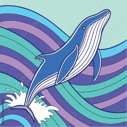 Blue whale breaching through colorful wavy lines ocean waves