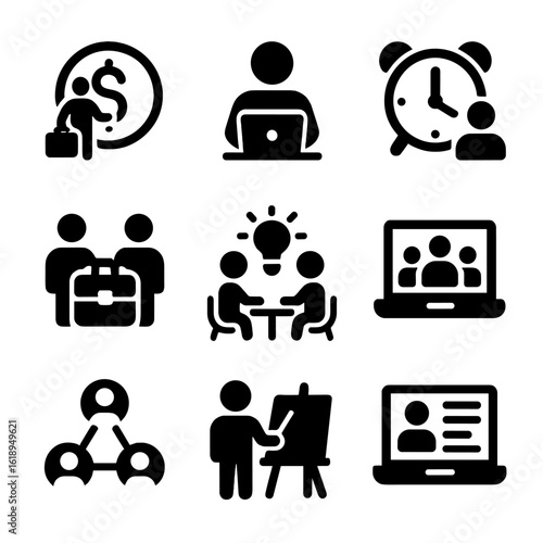 Work Style Icons. Solid, filled icon set of work styles and trends: gig economy, freelancing, flexible hours, telecommuting, job