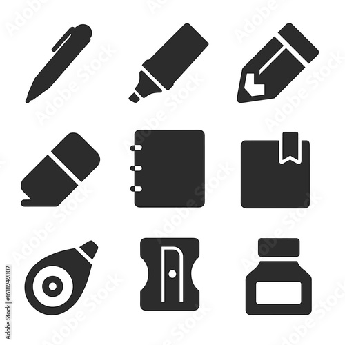 Writing Tools Icons. Solid, filled icons set of writing and note-taking tools: ballpoint pen, highlighter,