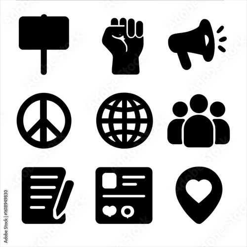 Youth Activism Icons. Solid, filled icons set of youth activism: protest sign, raised fist, megaphone, peace