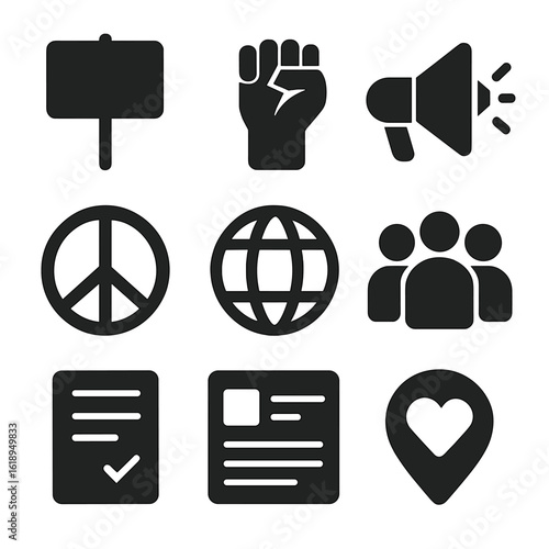 Youth Activism Icons. Solid, filled icons set of youth activism: protest sign, raised fist, megaphone, peace
