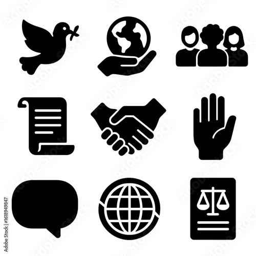 Youth Campaign Icons. Solid, filled icons set of human rights youth campaigns: peace dove, global hand,