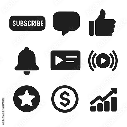 YouTube Channel Icons. Solid, filled icons set of YouTube channel elements: subscribe button, comment bubble,
