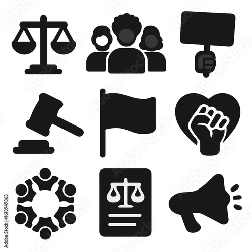 Youth Justice Icons. Solid, filled icons set of youth social justice movements: equality scale, diverse group