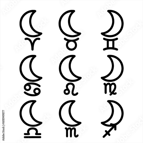 Zodiac Moon Phases Icons. Solid, filled icon set of moon phases with zodiac signs: Aries moon, Taurus moon, Gemini moon, Cancer
