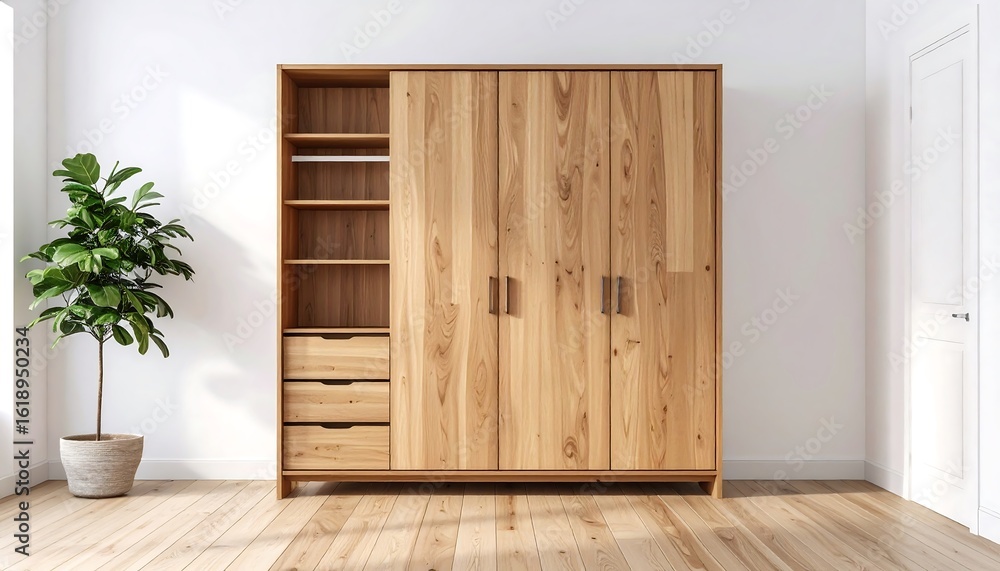 Fototapeta premium Modern wooden wardrobe with open shelves and drawers in a bright, minimalist bedroom interior. Concept of home organization and storage.