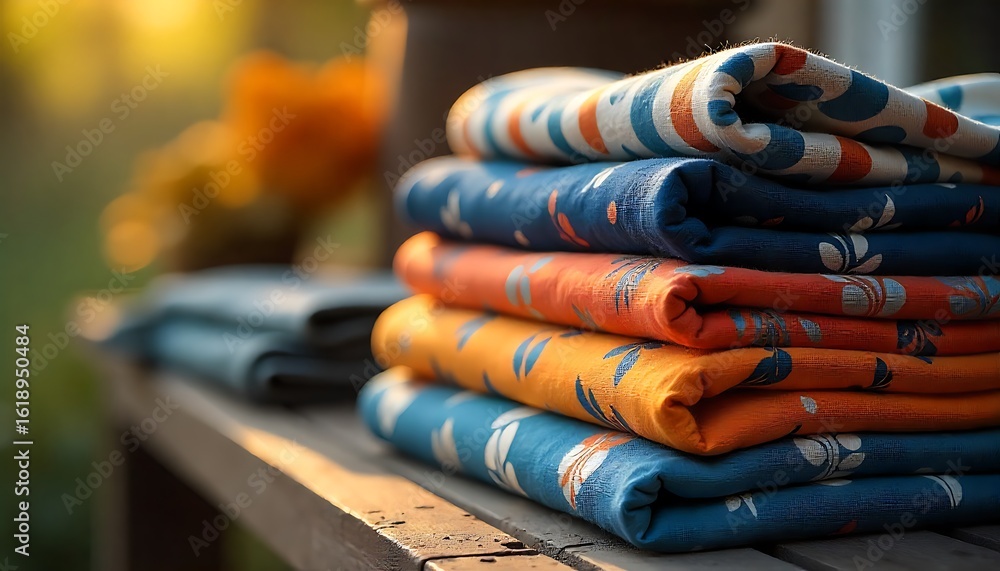 Naklejka premium Folded Patterned Fabrics on Wooden Surface – Sunset Warmth in Textile Still Life