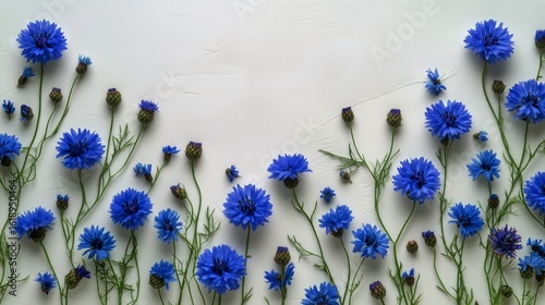 Vibrant Blue Flowers Arranged on a Light Background Showcasing Natures Beauty...