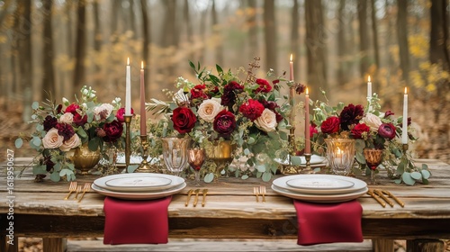 Elegant Outdoor Dinner Setup With Floral Arrangements in a Forest During Autumn