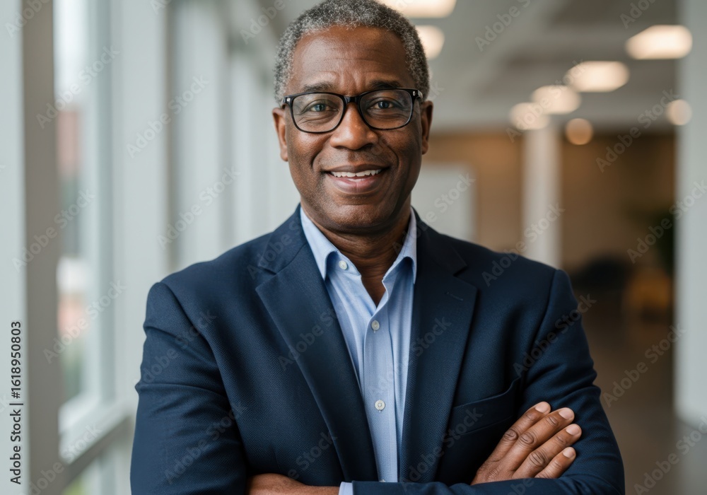 Fototapeta premium Professional african american businessman with glasses and a suit smiles confidently with arms crossed in a well lit hallway