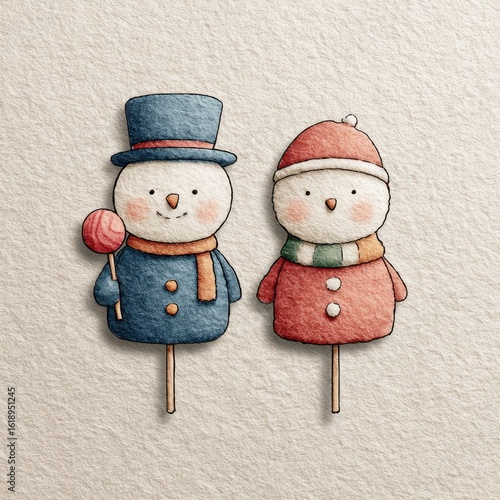 Cute snowman decorations with warm clothing and cheerful expressions during winter celebration time
