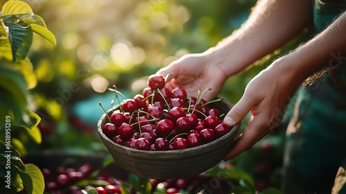 Hands Holding a Bowl of Freshly Picked Cherries in a Sunlit Orchard During Su...