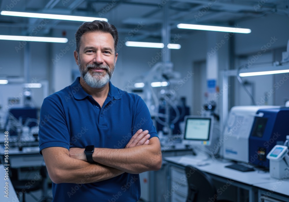 Fototapeta premium Experienced scientist with a salt and pepper beard poses confidently in a modern research laboratory setting