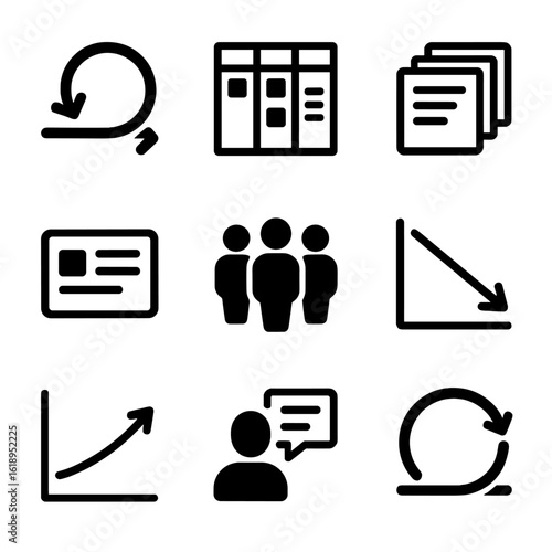 Agile Icon Grid. Solid, filled icon set of agile project management: sprint, scrum board, backlog, task card, stand-up meeting,
