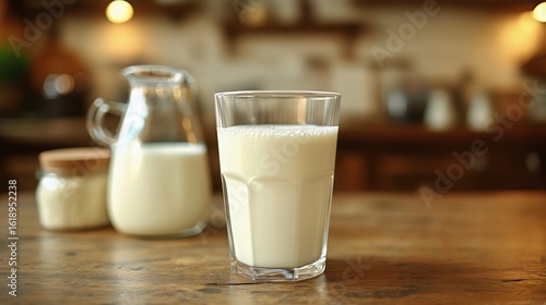 Fresh Milk Served in a Glass and Jug With Sugar Cubes on a Checkered Tableclo...