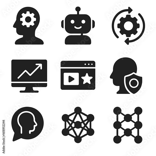 AI Marketing Icons. Solid, filled icon set of AI in marketing: AI assistant, chatbots, machine learning, automation, predictive