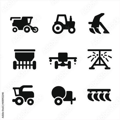 Agricultural Machinery Icons. Solid, filled icon set of agricultural machinery: combine harvester, tractor, plow, seed drill,