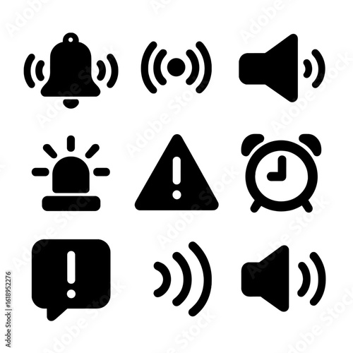 Alert Icons Grid. Solid, filled icon set of alarm and alert: ringing bell, vibration waves, loudspeaker, flashing light, siren,