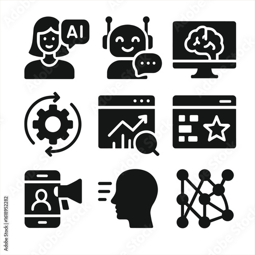 AI Marketing Icons. Solid, filled icon set of AI in marketing: AI assistant, chatbots, machine learning, automation, predictive