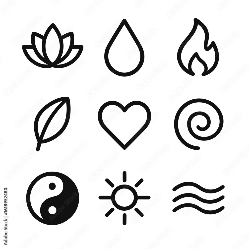 Aromatherapy Icon Grid. Solid, filled icon set of aromatherapy symbols: lotus flower, droplet, flame, leaf, heart, spiral, yin Aromatherapy Icon Grid. Solid, filled icon set of aromatherapy symbols: lotus flower, droplet, flame, leaf, heart, spiral, yin
