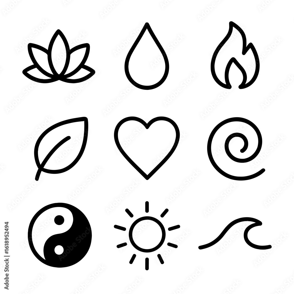 Aromatherapy Icon Grid. Solid, filled icon set of aromatherapy symbols: lotus flower, droplet, flame, leaf, heart, spiral, yin Aromatherapy Icon Grid. Solid, filled icon set of aromatherapy symbols: lotus flower, droplet, flame, leaf, heart, spiral, yin