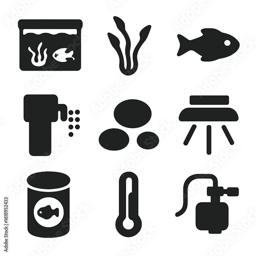 Aquarium Icon Set. Solid, filled icon set of freshwater aquarium: fish tank, plants, fish, water filter, stones, aquarium light,