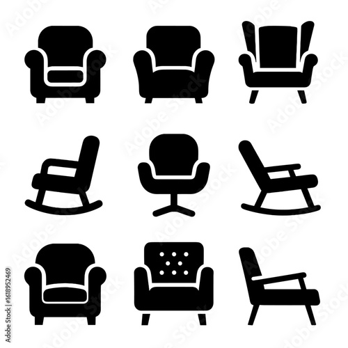 Armchair Icon Collection. Solid, filled icon set of armchair types: classic armchair, recliner, wingback chair, rocking chair,