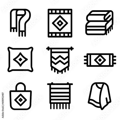 Artisan Fabric Icon Set. Solid, filled icon set of artisan fabric products: scarves, rugs, blankets, cushion covers, wall hangings
