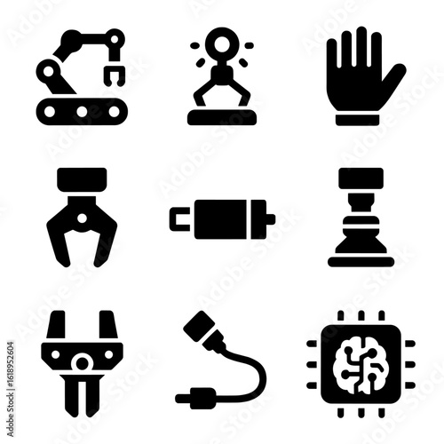 Automation Gripping Icons. Solid, filled icon set of automation gripping systems: conveyor arm, sensor pad, robotic hand, gripper