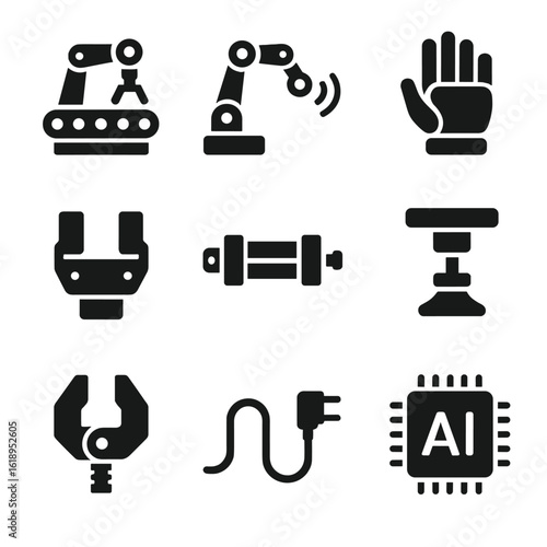 Automation Gripping Icons. Solid, filled icon set of automation gripping systems: conveyor arm, sensor pad, robotic hand, gripper