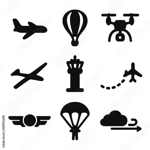 Aviation Icon Grid. Solid, filled icon set of aviation and clear sky travel: passenger plane, hot air balloon, drone, glider,