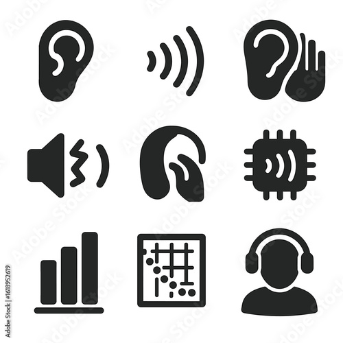 Auditory Icon Set. Solid, filled icon set of auditory processing: ear, sound waves, listening, noise, hearing aid, sound