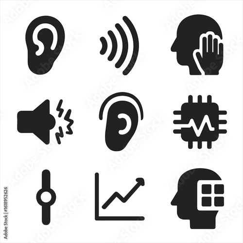 Auditory Icon Set. Solid, filled icon set of auditory processing: ear, sound waves, listening, noise, hearing aid, sound
