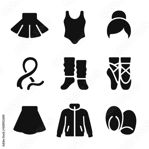 Ballet Icon Set. Solid, filled icon set of ballet accessories: tutu, leotard, hair bun, ribbon, leg warmers, pointe shoes,