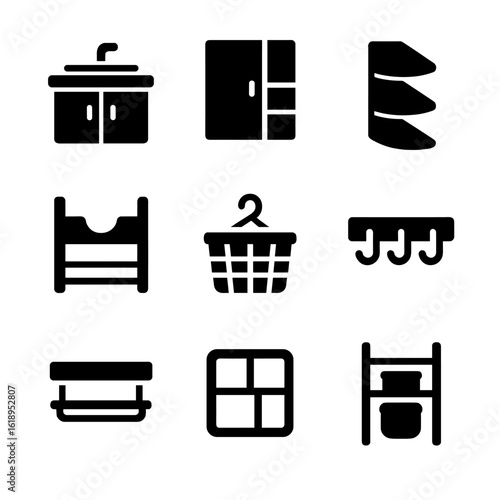 Bathroom Storage Icons. Solid, filled icon set of bathroom storage solutions: vanity cabinet, medicine cabinet, corner shelf,
